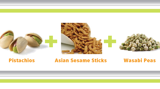 Asian snack mix with pistachios, sesame sticks, wasabi peas