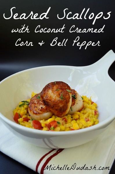 Thyme Seared Scallops with Coconut Creamed Corn with Red Bell Peppers